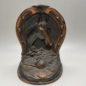 Vintage Bookend Copper Finished Horse Head Horseshoe Equestrian Rustic 50s 1950s